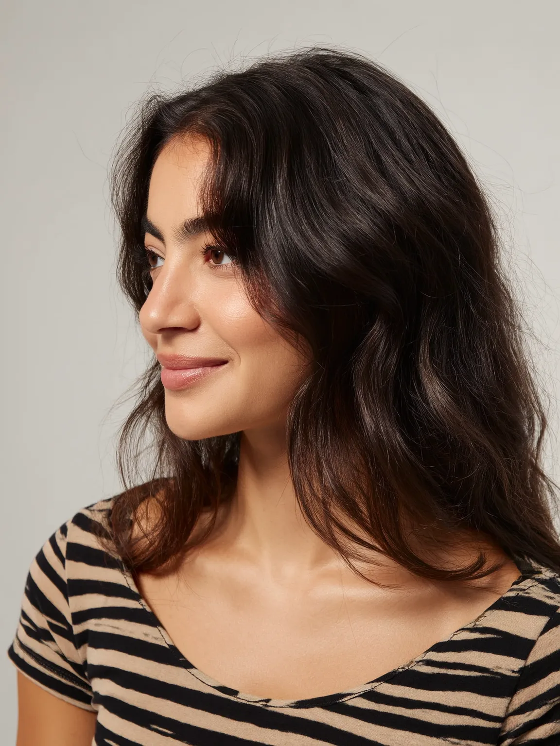 Medium Soft Layers with Curtain Bangs in Chestnut Brown